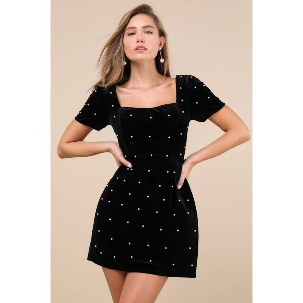 Lulus Luxe Possibilities Black Velvet Pearl Mini Dress - Size M